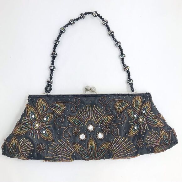 Apt. 9 Black Satin Beaded Floral Sparkle Bead Handle Mini Evening Bag - Picture 1 of 16